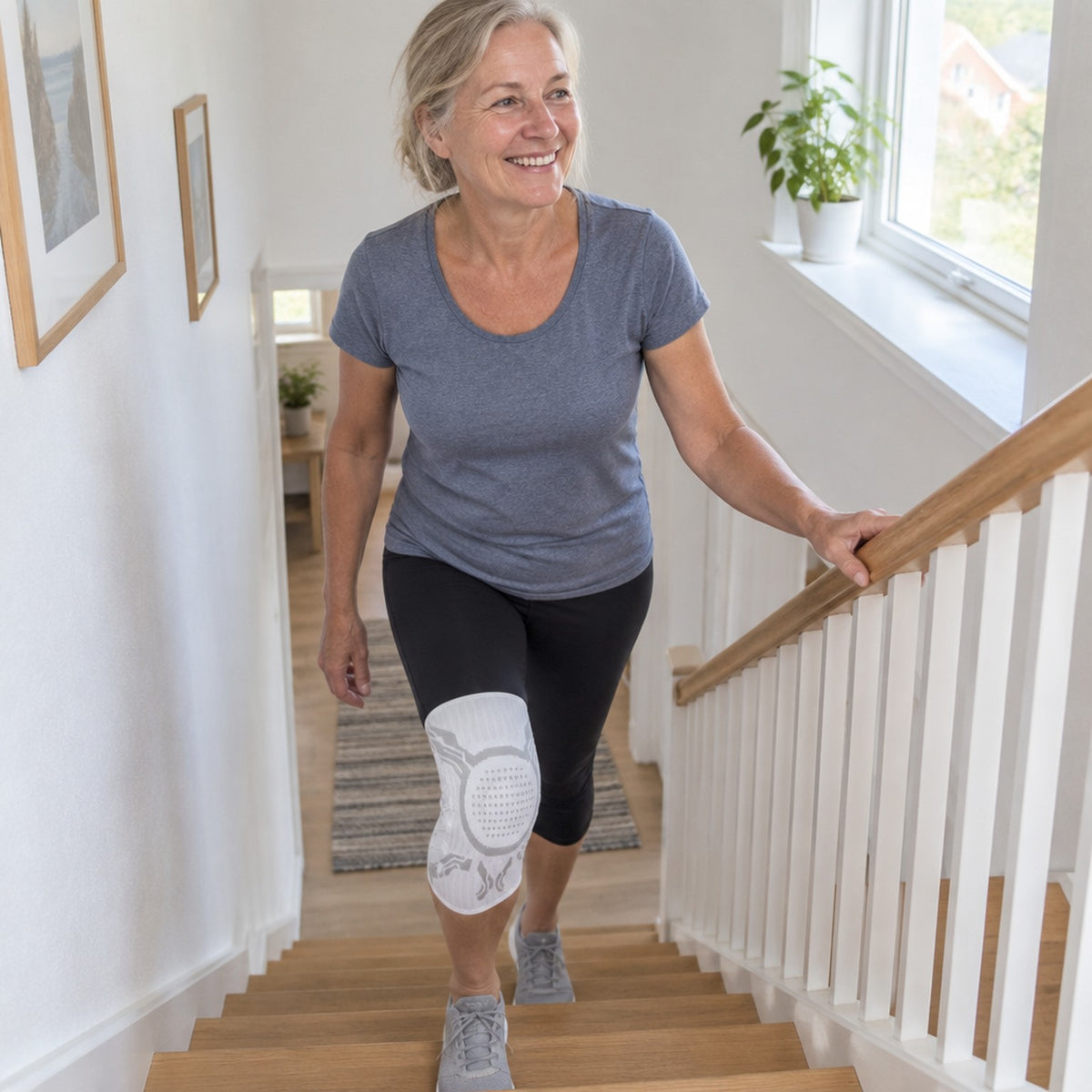 Kvinde på trappen med knæstøtte